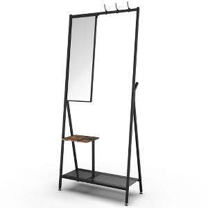 Coat Rack With Mirror, Multi-functional Hall Tree With Shoe Storage, Industrial Accent Furniture With Aluminum Frame For Living Room Bedroom - 1 of 4