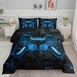 Game controller bedding set, boys' games, geometric hexagon pattern, suitable for teenagers, men, and adults, three-piece set, Blue and black - 1 of 4