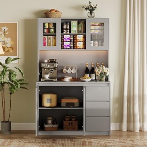 Kitchen Pantry Cabinet with Doors and Adjustable Shelves, 71" Tall Storage Hutch with Microwave Shelf, LED Lights and Charging Station - 1 of 4