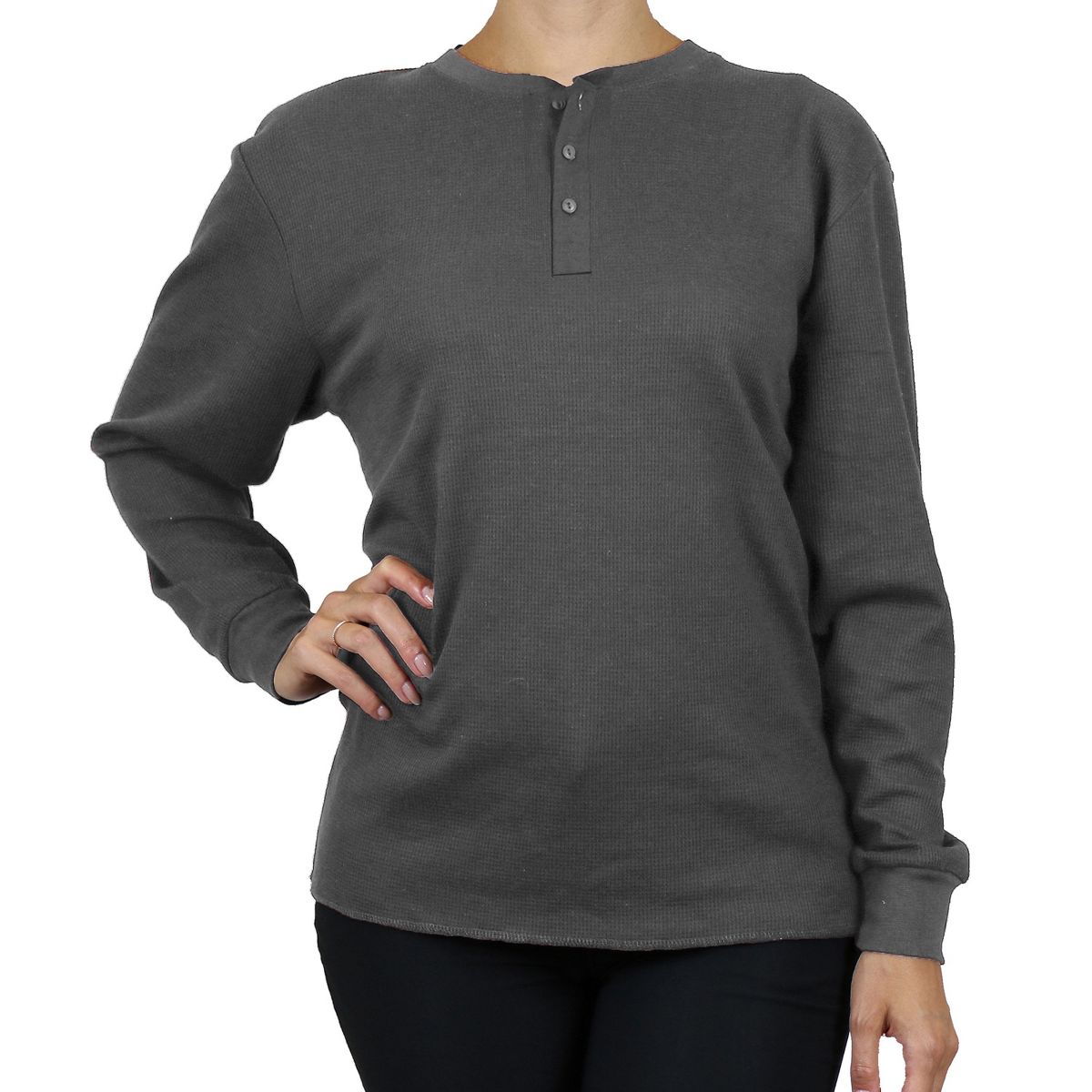 Galaxy By Harvic Women's Oversize Loose Fitting Waffle-Knit Henley Thermal Shirt - thumbnail 3
