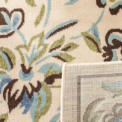 Cream and Green Floral Synthetic Square Area Rug