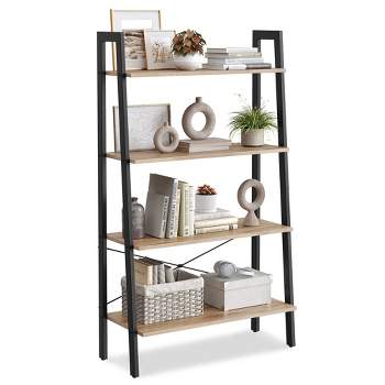 VASAGLE Ladder Shelf, 4-Tier Bookshelf, Storage Rack, Bookcase with Steel Frame, for Living Room, Industrial Style, Camel Brown and Black