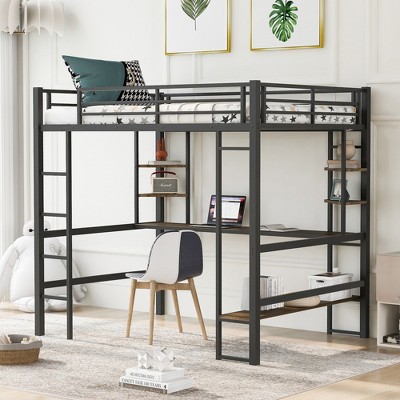 Full Size Metal Loft Bed With Long Desk And Shelves, Black - Modernluxe ...