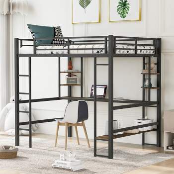 Full Size Metal Loft Bed with Long Desk and Shelves, Black - ModernLuxe