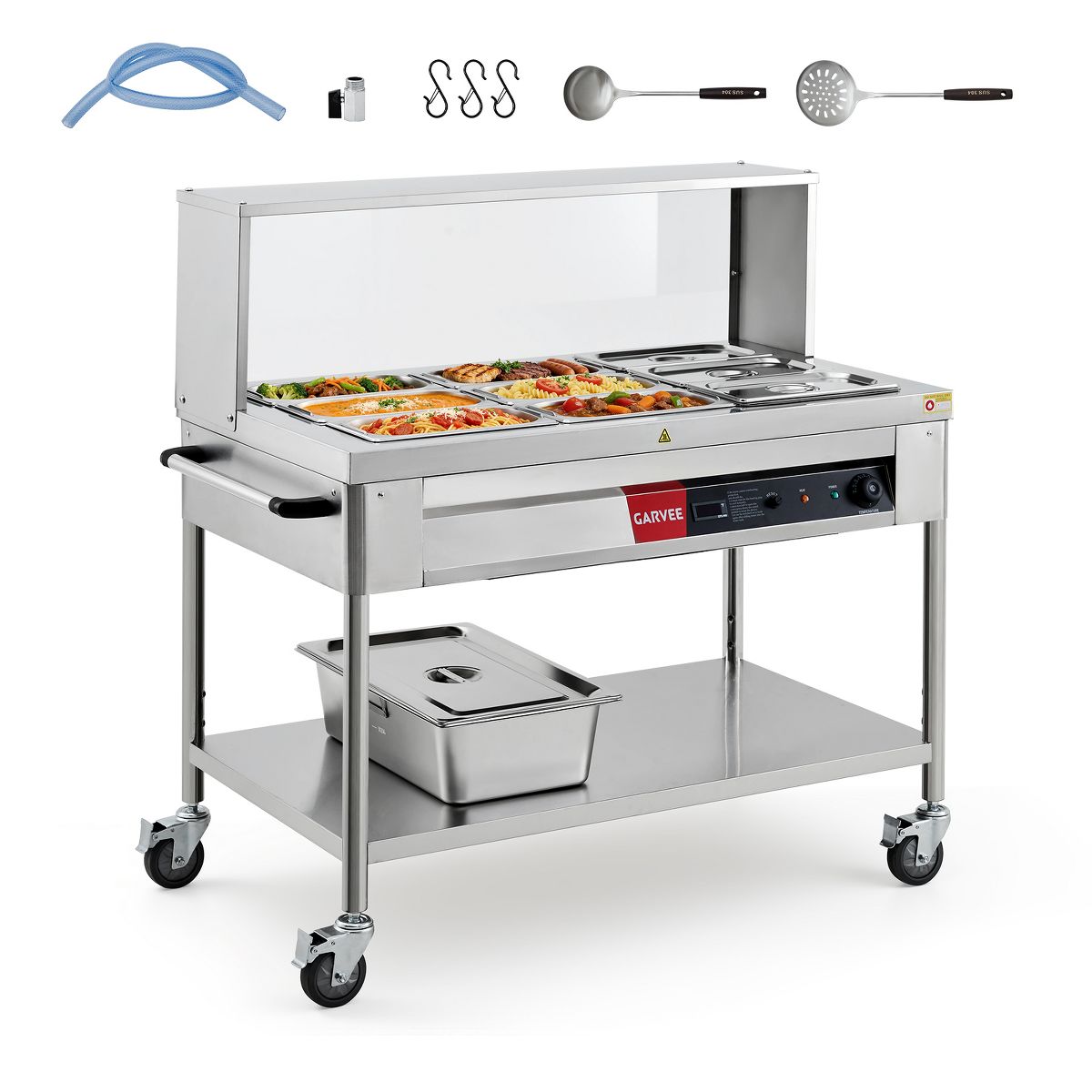 Commercial Food Warmer, 9-Pan Mobile Water-Heated Food Warmer 1800W, Stainless Steel Table with Splash Guard Wheels, Buffet Server for Party