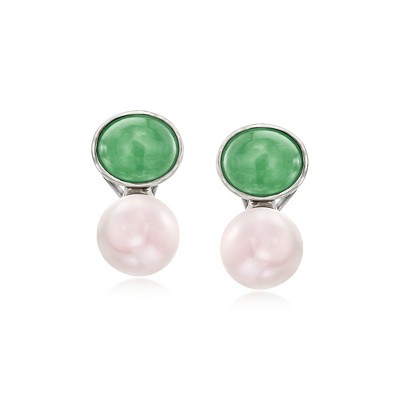 Ross-Simons Jade and 12-12.5mm Cultured Pearl Earrings in Sterling Silver