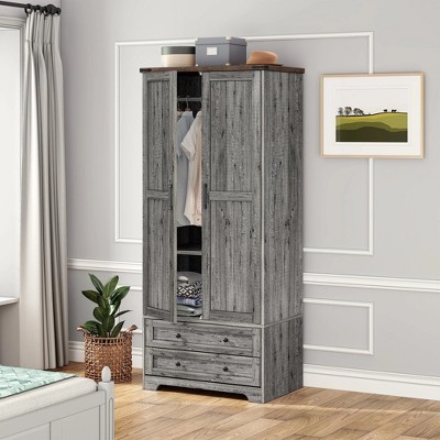Brafabhome Modern Wood Armoire Wardrobe Closet with 2 Doors, Freestanding Wardrobe Clothes Cabinet with Drawers and Hanging Rod for Bedroom | White