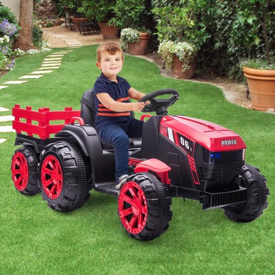 12V Red Kids Ride-On Tractor with Trailer and Dual Motors