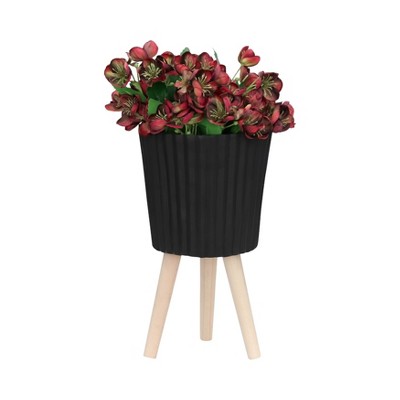 12" Black Ridged Cement Planter with Natural Wood Legs - Set of 2