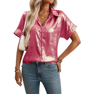 Women's Metallic Button Party Shirt - Casual Loose Fit Short Sleeve Top for Holiday - 1 of 4