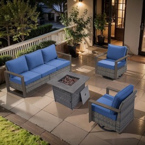 Buenhomino 4 Piece Outdoor Patio Furniture Set with Propane Fire Pit Table, Wicker Patio Conversation Set with 2 Swivel Rocker Chairs - 1 of 4