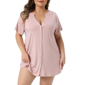 Women's Plus Size V Neck Button Down Curved High Low Hem Mini Nightgowns - Agnes Orinda - 1 of 4