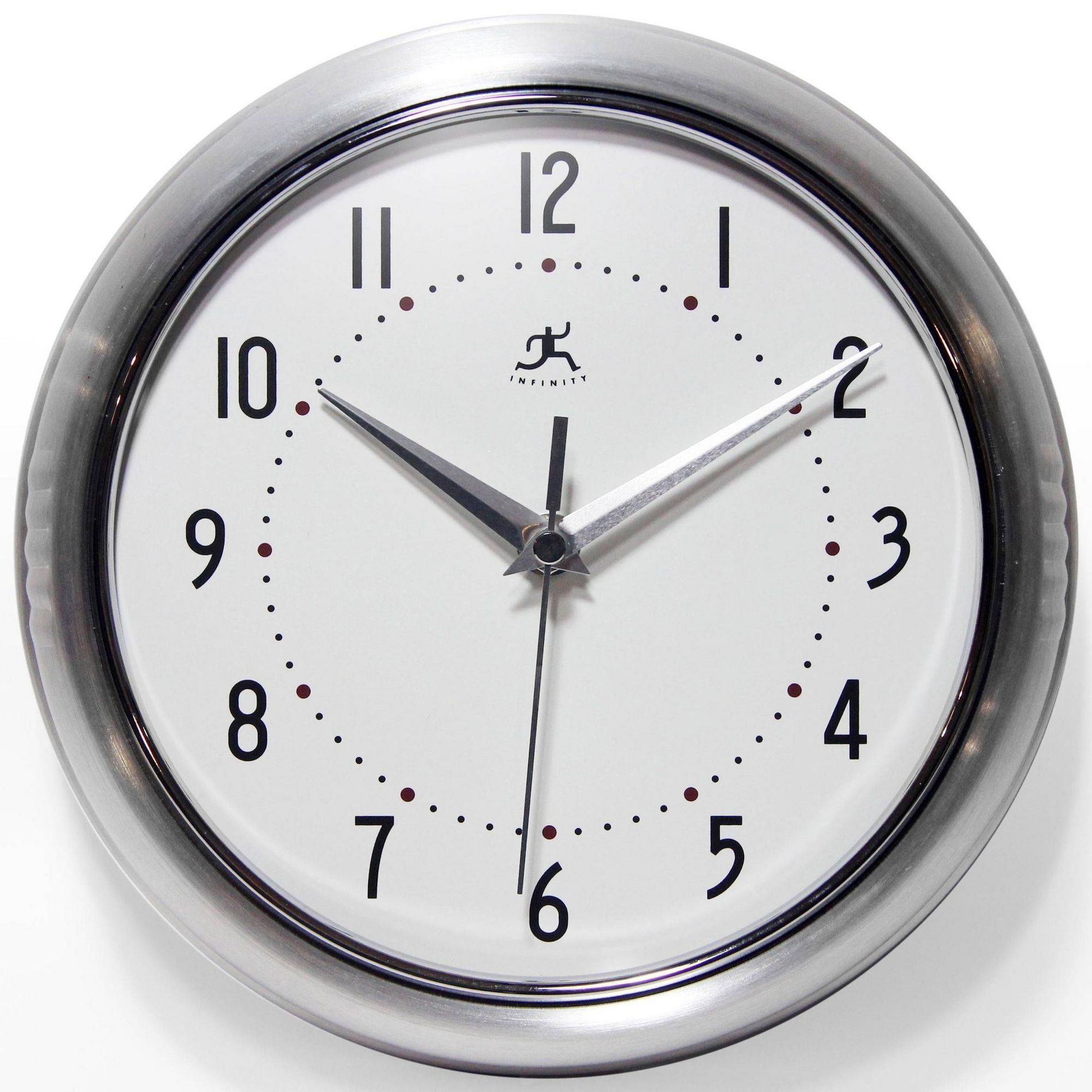 9.5" Retro Metal Wall Clock Silver - Infinity Instruments: Modern Indoor Timepiece, Round White Face, Aluminum