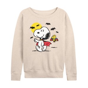 Women's - Peanuts - Vampire Snoopy Woodstock Lightweight French Terry Wide Neck Long Sleeve Shirt - 1 of 4