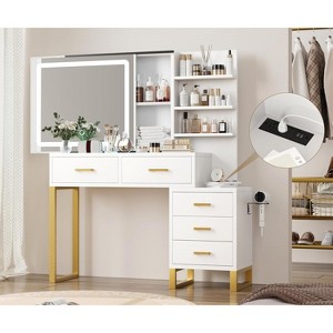 Vanity Desk with Mirror & Lights,Makeup Vanity Desk Charging Station,LED Light with 3 Lighting Modes,5 Large Drawers & 3 Tiers of Open Shelves - 1 of 4