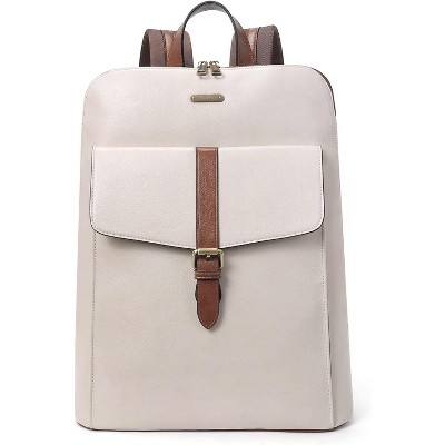 CLUCI Leather Laptop Backpack for Women 15.6 inch Computer Backpack Stylish Travel Backpack Purse for Women Work Daypack Bag Off-white with brown