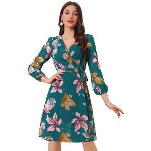 Allegra K Women's Boho Floral V Neck Tie Waist Long Sleeve Chiffon Wrap Midi Dress - 1 of 4