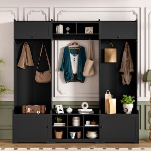 ACEPANO 79.1 in. W Modern 4-in-1 Hall Trees with Shoe Rack, 8 Storage Compartments, 7 Coat Hooks & Adjustable Shelves-Black - 1 of 4