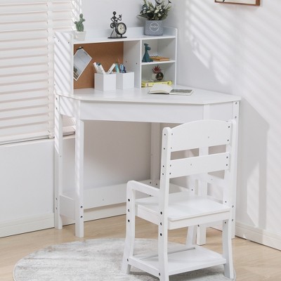 Kids Desk and Chair Set, Wooden Corner Study Table with Bookshelf, Bulletin Board, and Pen Holder, Writing Table for Boys and Girls, White