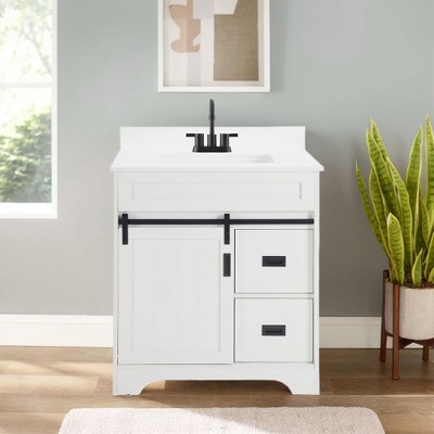 Bestier 30" White Farmhouse Bathroom Vanity with Sliding Barn Doors, 2 Drawers, Freestanding Vanity with Protective Backsplash