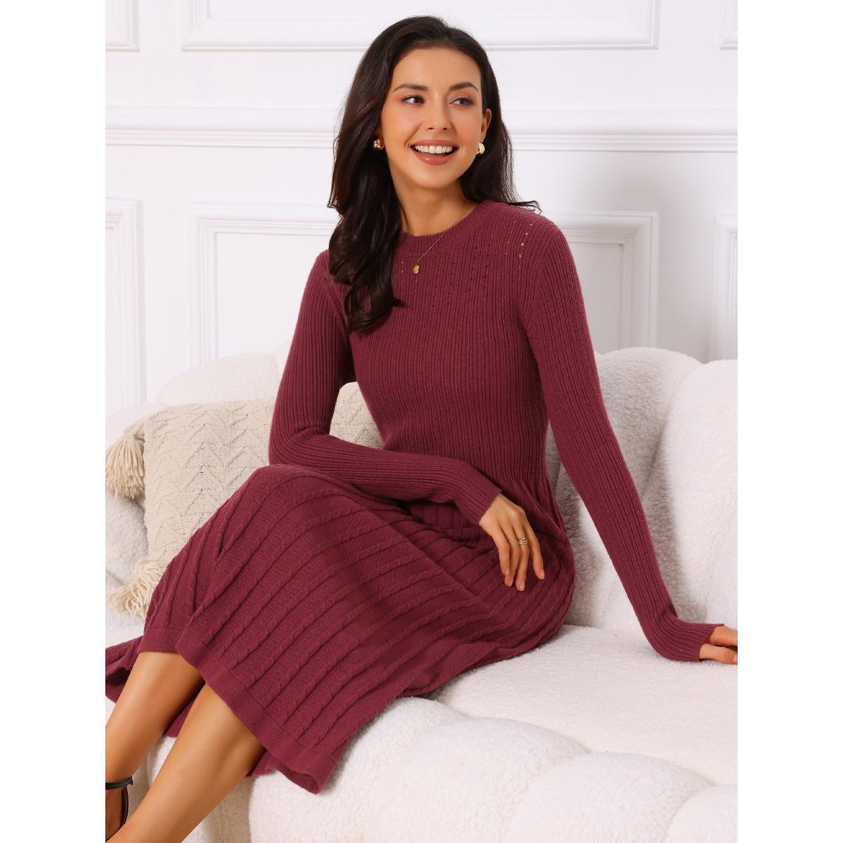 Женские платья INSPIRE CHIC Women's Crewneck Knit Long Sleeve Midi Ribbed A-Line Sweater Dress Pink Medium — фото 5
