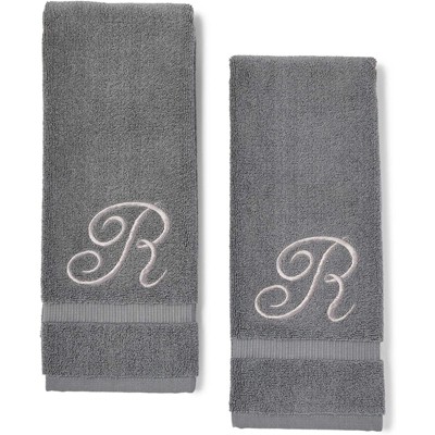 Juvale 2 Pack Monogrammed Hand Towel, Embroidered Letter R (Grey, 16 x 30 in)