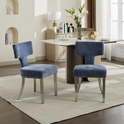 Vynxaria Set of 2 Mid Century Modern Dining Chairs, Beige Linen Upholstered with Copper Nails, Hardwood Frame, Splayed Legs£¬Blue