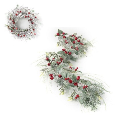 Sullivans Artificial Iced Pine 24"H Wreath and 5'6"L Garland Set, White