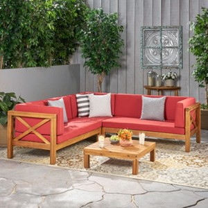 GDFStudio Keith Outdoor Acacia Wood 5 Seater Sectional Sofa Chat Set with Water-Resistant Cushions - 1 of 4