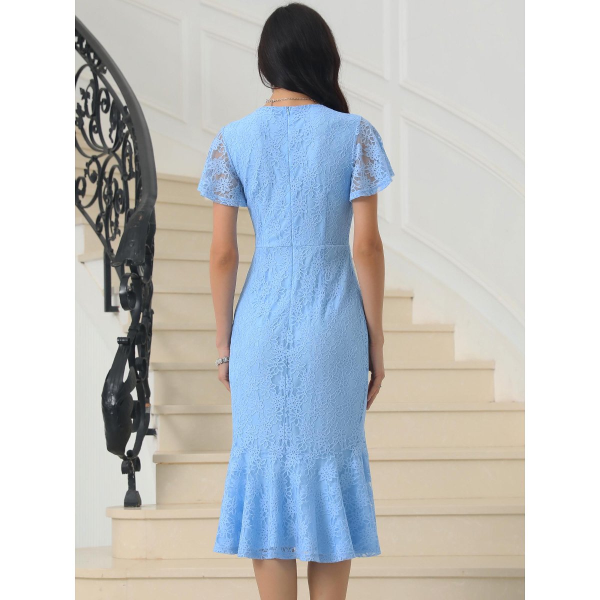 Женские платья INSPIRE CHIC Women's Lace Floral Fishtail Formal Cocktail Short Sleeve Midi Dress X-Large Light Blue — фото 4