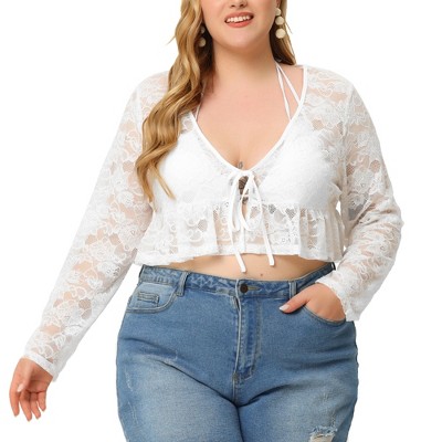 Agnes Orinda Women's Plus Size Shrug Tie Neck Bolero Crop Lace Sheer Ruffle Hem Cardigan