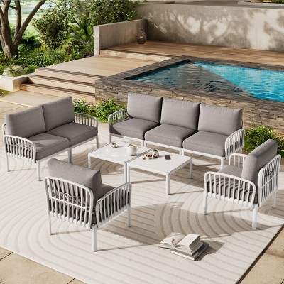 9-Pieces Patio Seating Set With Plastic Frame,Thick Cushion And Square Coffee Table,Outdoor Furniture,Patio Conversation Set -Maison Boucle