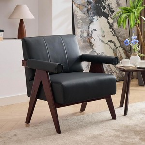 Black Faux Leather Chair, Mid-Century Accent Chair with 7-inch Thick Seat Cushion For Office, Study Room - 1 of 4