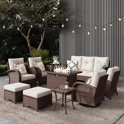 LayinSun Outdoor Patio Furniture Set, Brown Rattan Wicker Sectional Swivel Rocker Chairs Sets