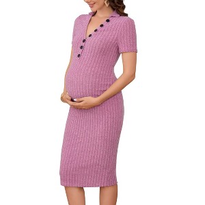 Women's Maternity Dress Long Sleeve/Short Sleeve V Neck Sweater Dress Button Ribbed Knit Slim Fit Elegant Midi Dresses - 1 of 4