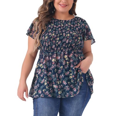 Agnes Orinda Women's Plus Size Ruffle Sleeve Smock Waist Ditsy Floral Peplum Chiffon Casual Blouses