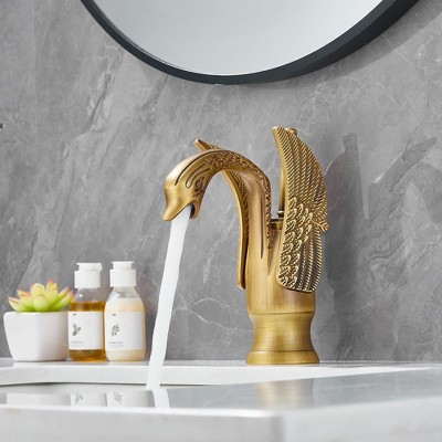 Antique Brass Swan-Shaped Single Handle Bathroom Faucet