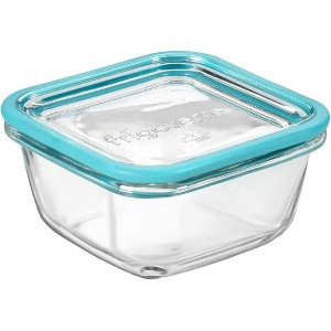 Bormioli Rocco Frigoverre Future 14.25 oz. Square Food Storage Container, Made From Durable Glass, Dishwasher Safe, Made In Italy,Clear/Teal Lid - 1 of 4