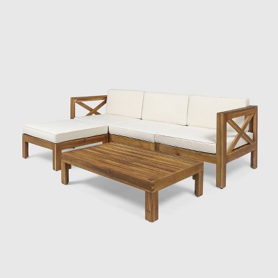 Teak and Beige Acacia Wood 3-Seater Outdoor Sofa Set with Ottoman