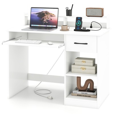 Tangkula Home Office Desk w/ Built-in Charge Station Computer Desk w/ Drawer & Adjustable Shelf