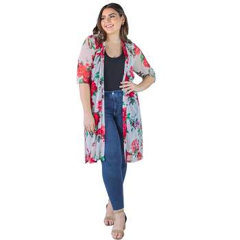 24seven Comfort Apparel Plus Size White And Red Floral Pattern Knee Length Sheer Cardigan