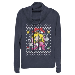 Juniors Womens Nintendo Ugly Christmas Peach Wreath Cowl Neck Sweatshirt - 1 of 3