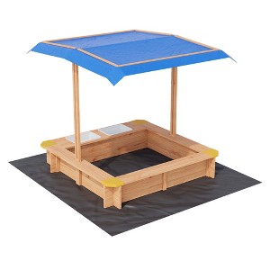 COZONY Covered Wooden Sandbox with Adjustable Canopy, Outdoor Play Sand Box with Bottom Liner for Backyard - 1 of 4