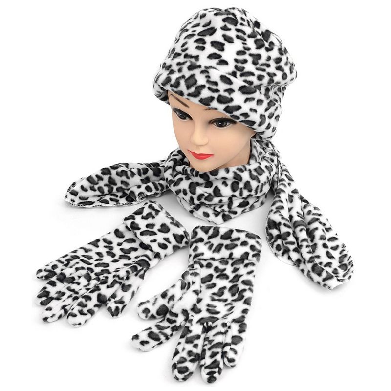 Women's Black And White Fleece Snow Leopard 3-Piece Gloves Scarf Hat Winter Set, 3 of 5