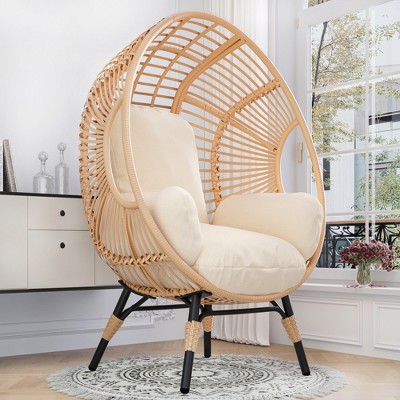 FURNIinspire Patio Accent Chairs Indoor And Outdoor Patio Egg Chair With Beige Cushions, Natural Color Rattan Frame, Brown, 34“*37"*54"