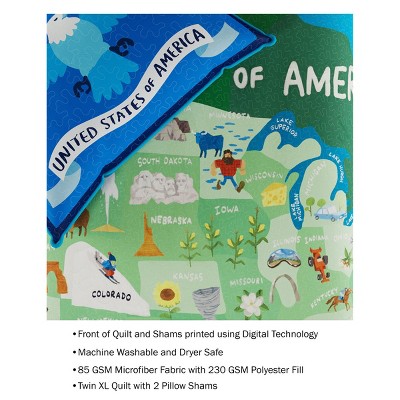 Blue Twin Microfiber Quilt Set with USA Landmarks