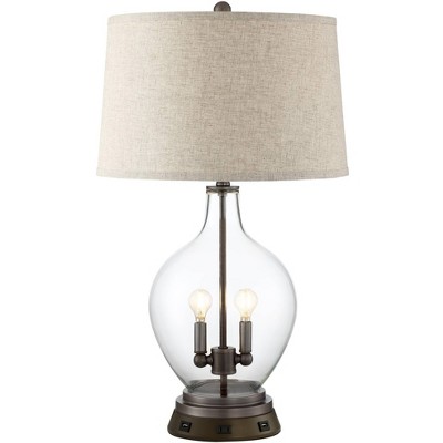 Regency Hill Country Table Lamp with USB and AC Power Outlet Workstation Charging Base Nightlight 29" Tall Clear Glass Bronze Living Room Bedroom