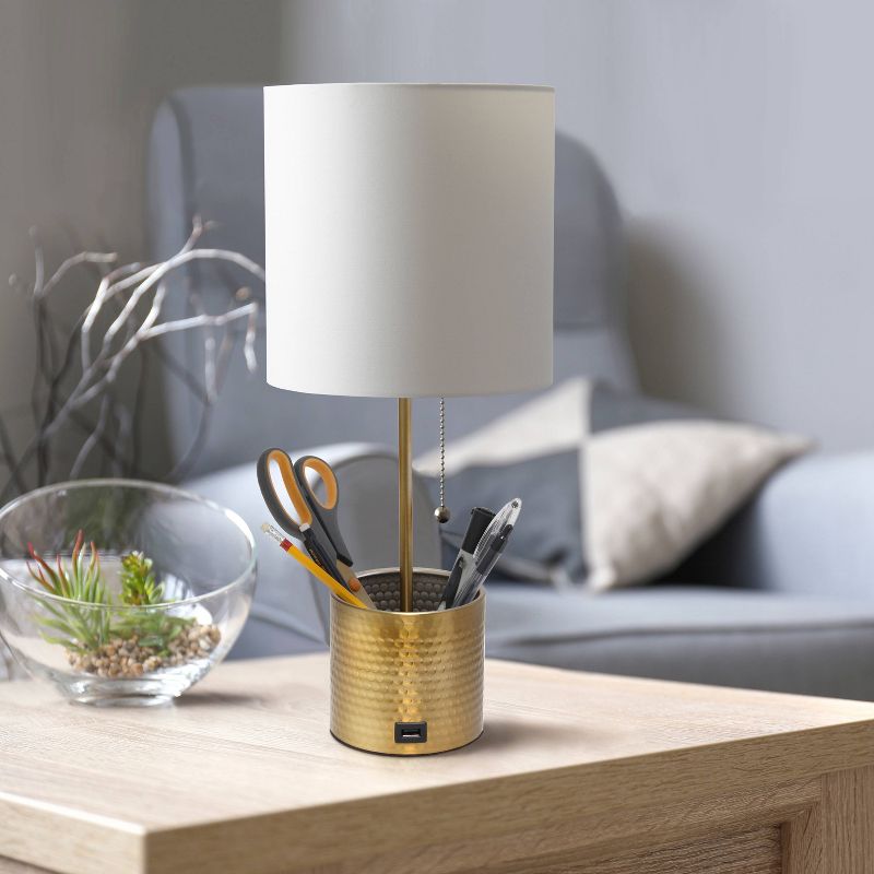 Hammered Metal Organizer Table Lamp with USB Charging Port and Fabric Shade - Simple Designs, 4 of 12