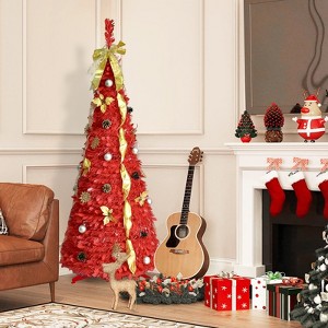 Hrinhom 6FT Red Pop-Up Christmas Tree with Warm White LED Lights, Ornaments Included - 1 of 4