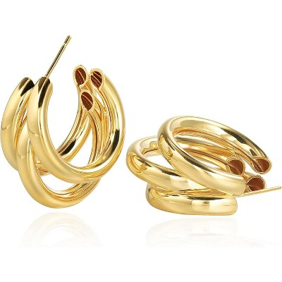 Chunky Gold Hoop Earrings for Women, 14k Gold Plated Thick Triple Hoop Earrings Hypoallergenic Trendy Chunky Gold Hoops